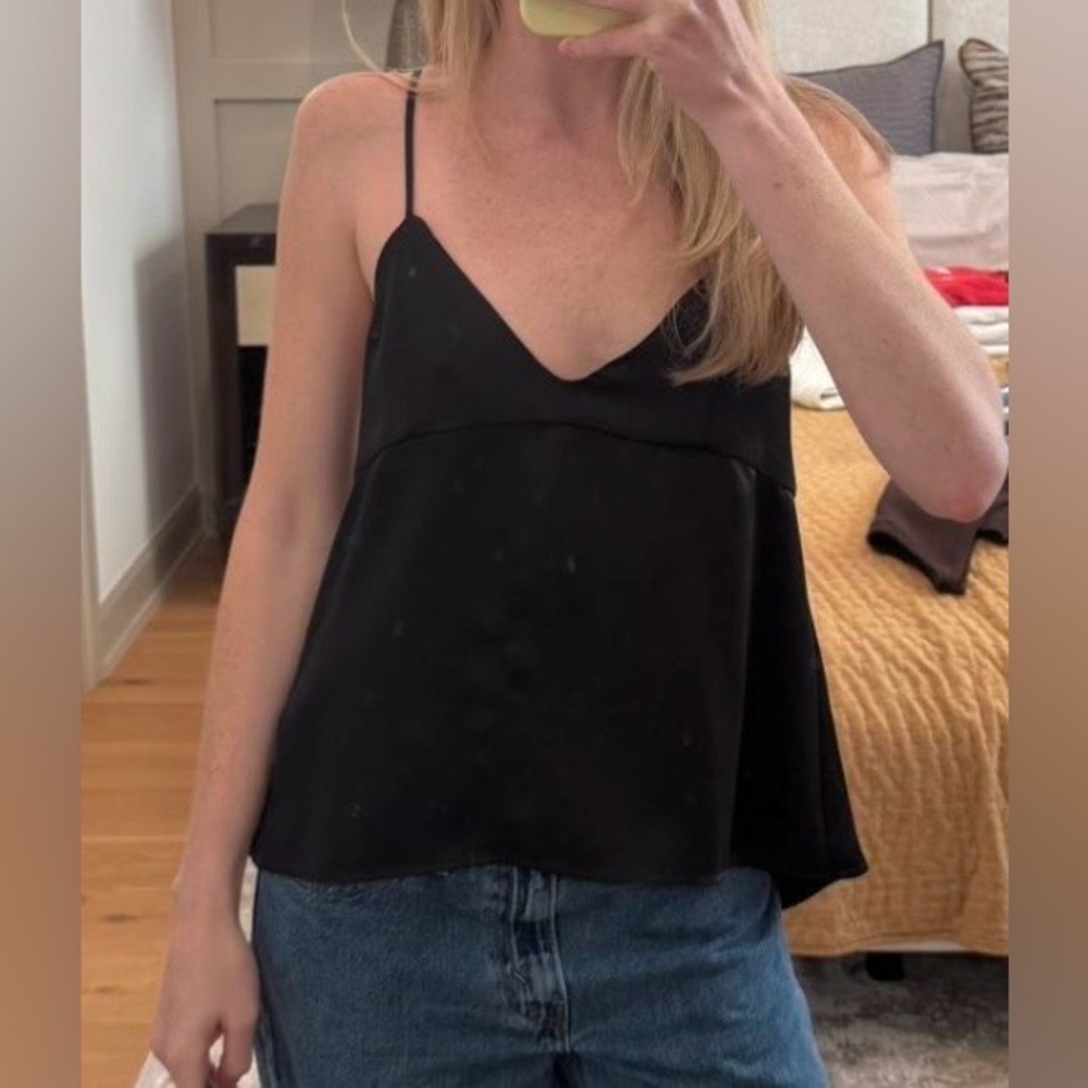 Zara  Crop Top Satin Low Cut Racerback w/ spaghetti straps in black Size S  NWT